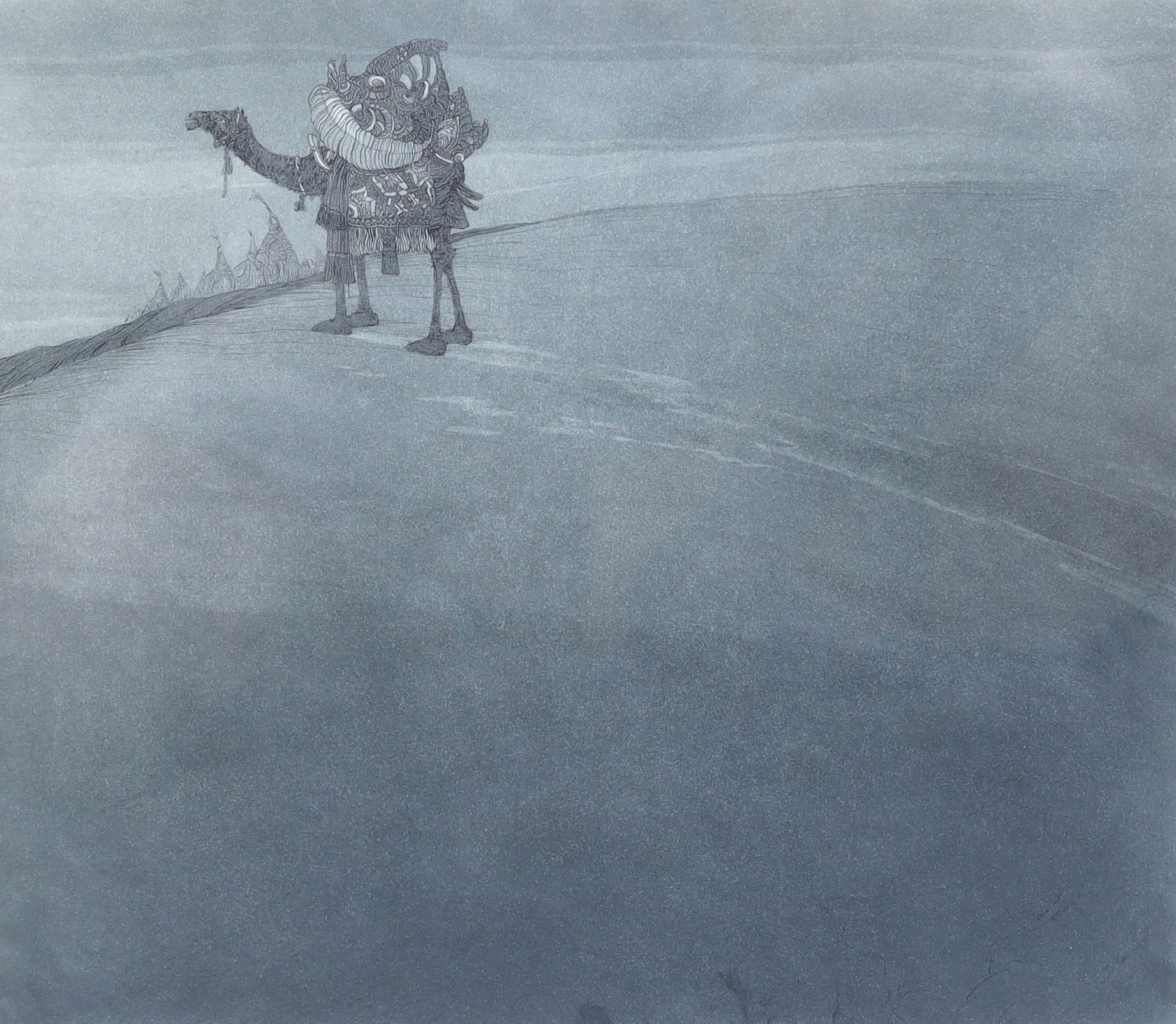Abdur Rahman Chughtai (Pakistani, 1894-1975), Camel on a sand dune, etching with aquatint, 33 x 37.5cm
